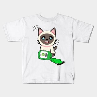Cute Siamese cat Spills a jar of wasabi sauce Kids T-Shirt